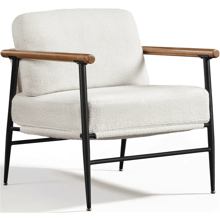 Ivory Boucle Lounge Chair with Wood Armrests
