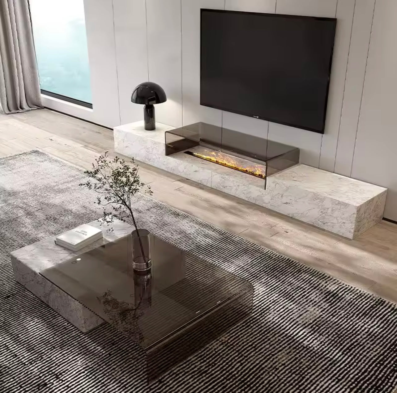 Italian Minimalist Marble TV Stand Set with Heat-Bent Glass & 3D Fireplace