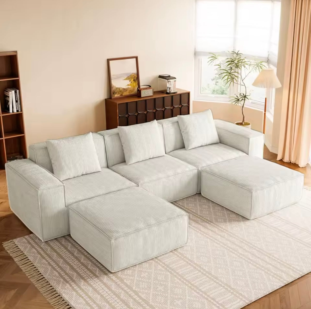 118” Sectional Sofa, U-Shaped Corduroy Couch with Ottomans