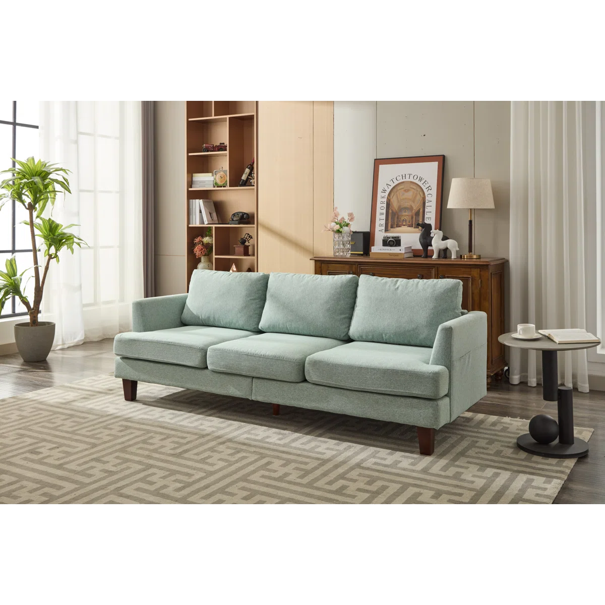Light Green Fabric Sofa - 3 Seater Sofa with USB Charging Ports