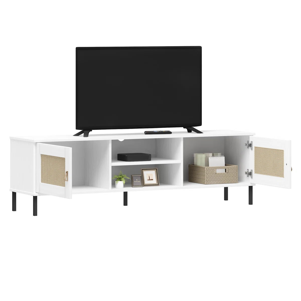 Mid-Century Rattan Door TV Stand 55 Inch