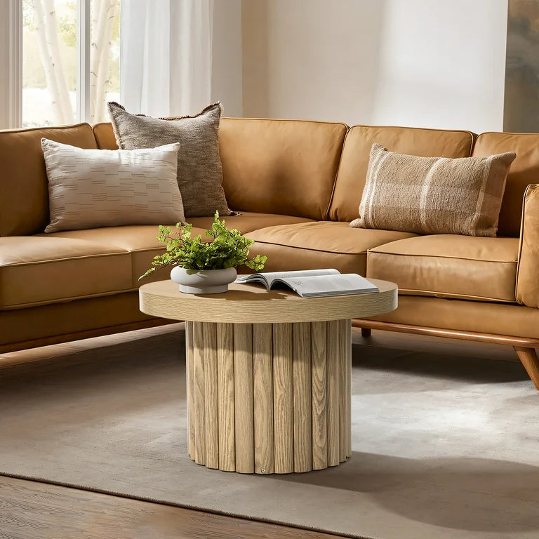 23.6" Fluted Round Wood Side Table – Oak Finish