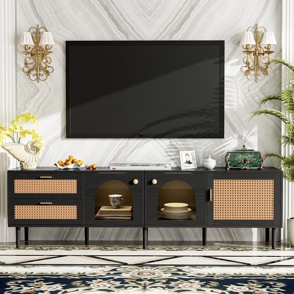 Black Rattan TV Stand with LED Lights & Storage