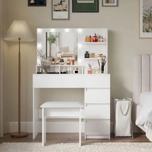 White Vanity Desk with Mirror, Lights & Stool 37”