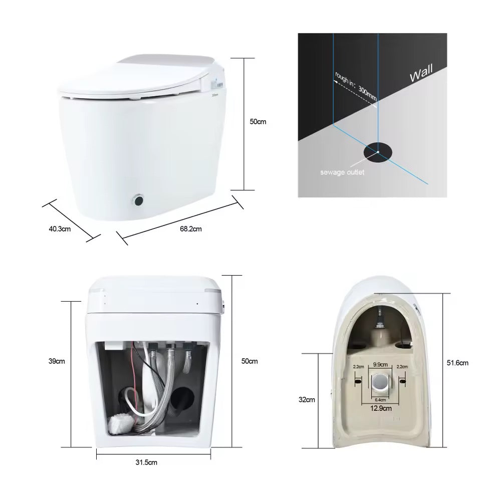 Heated Seat Smart Toilet, Tankless Design with Automatic & Foot-Sensor Flush, Night Light