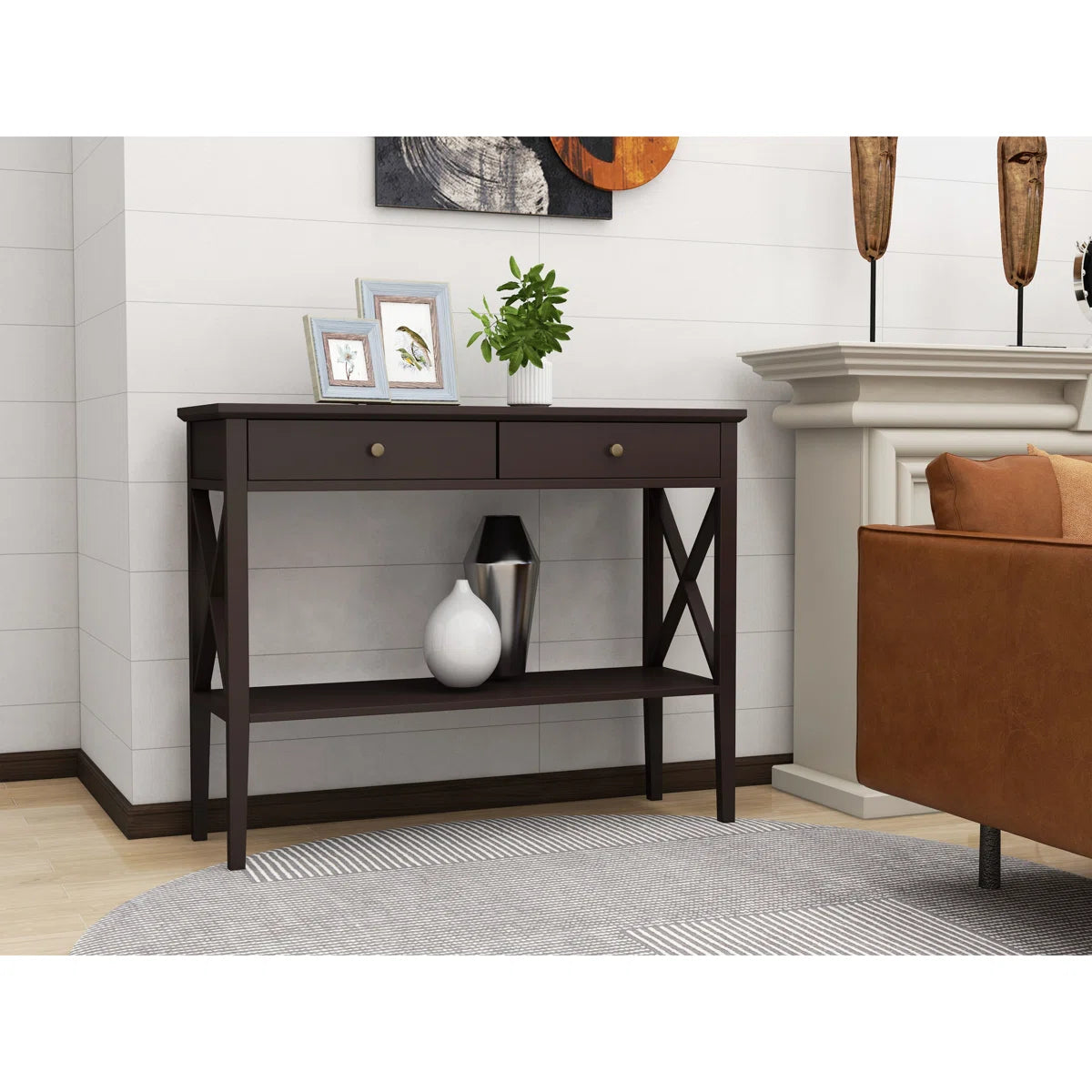 Narrow Espresso Console Table with Drawers and Shelf