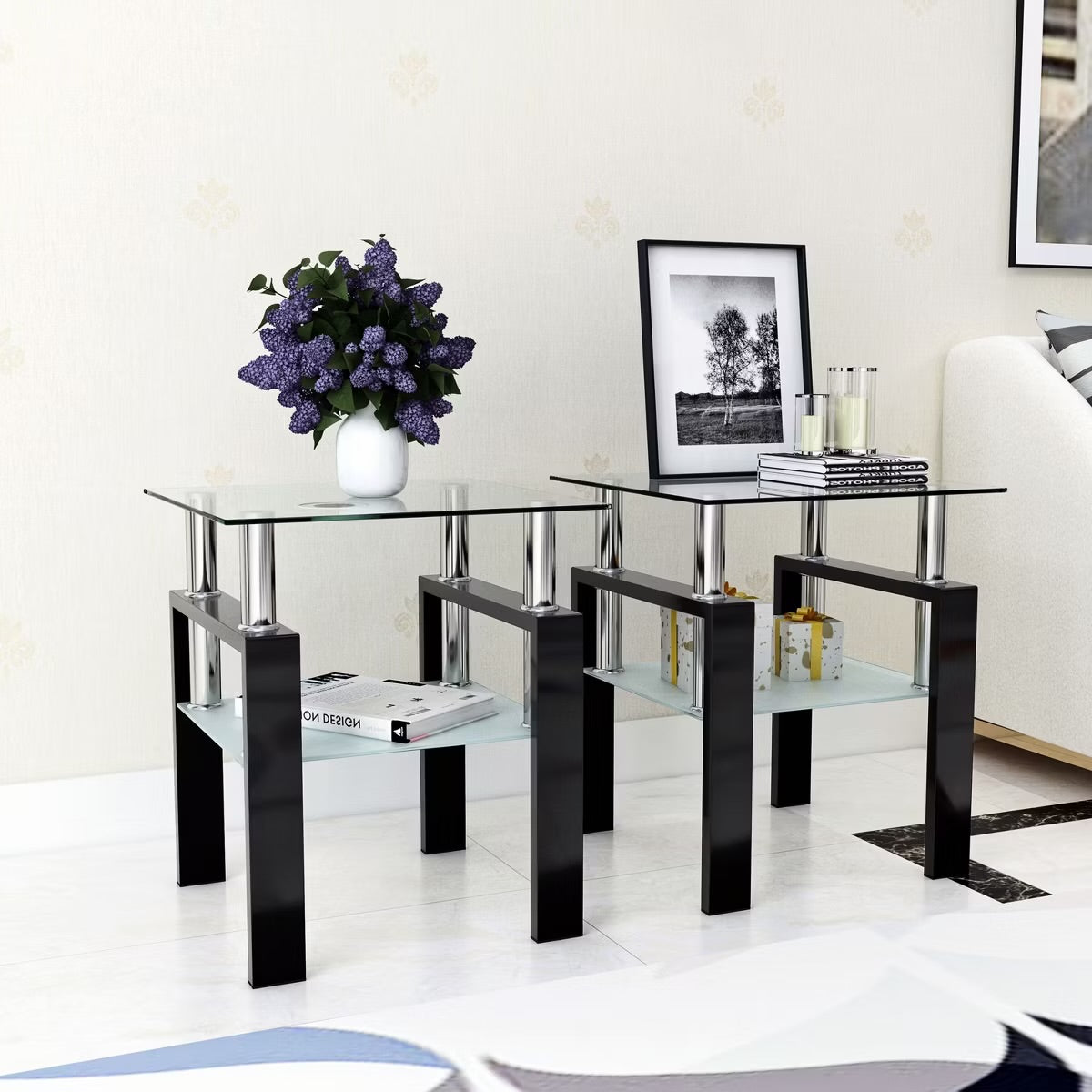 Set of 2 Black Tempered Glass Coffee Tables