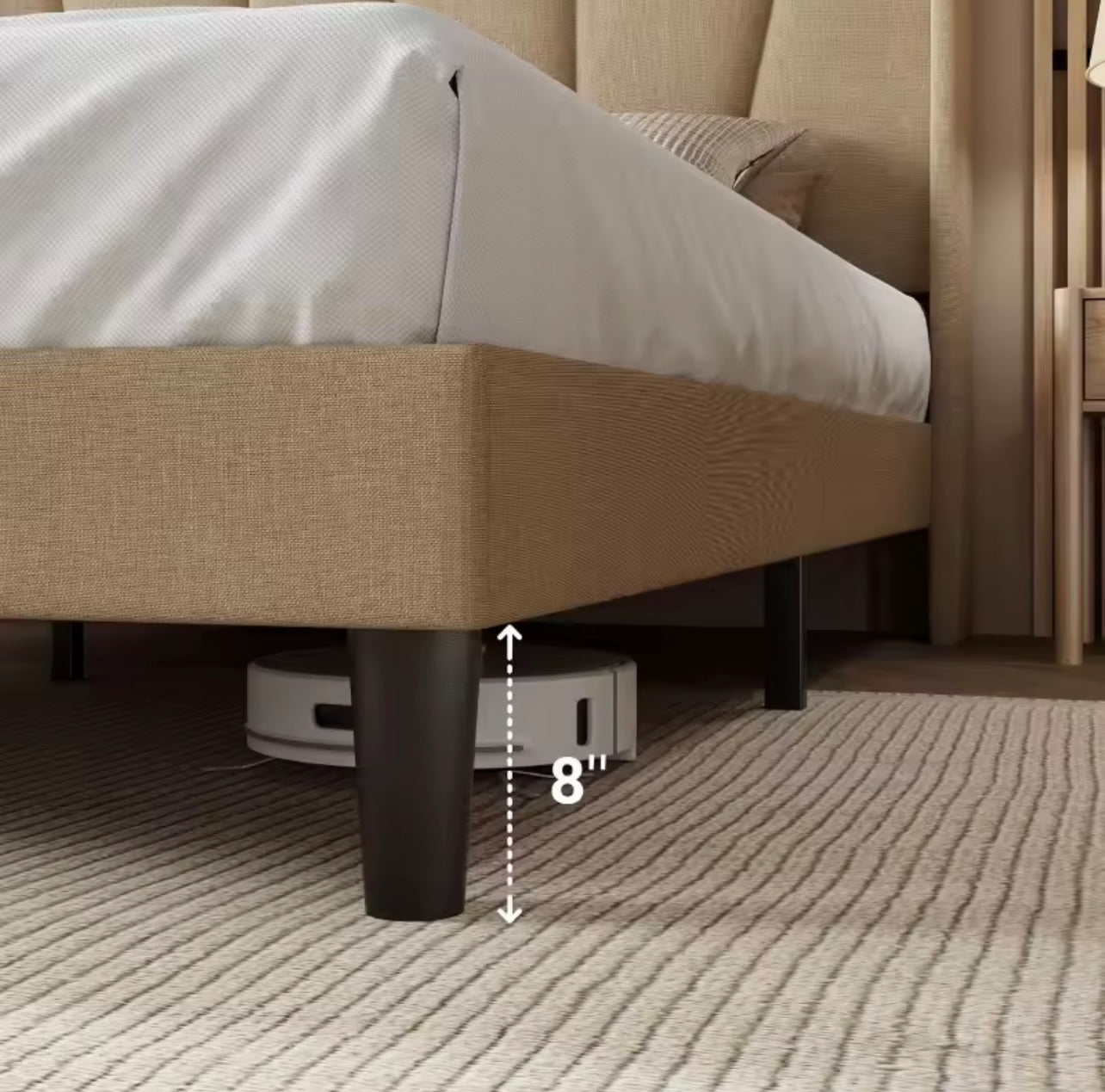 Beige Upholstered Queen Bed Frame with Geometric Wingback Headboard