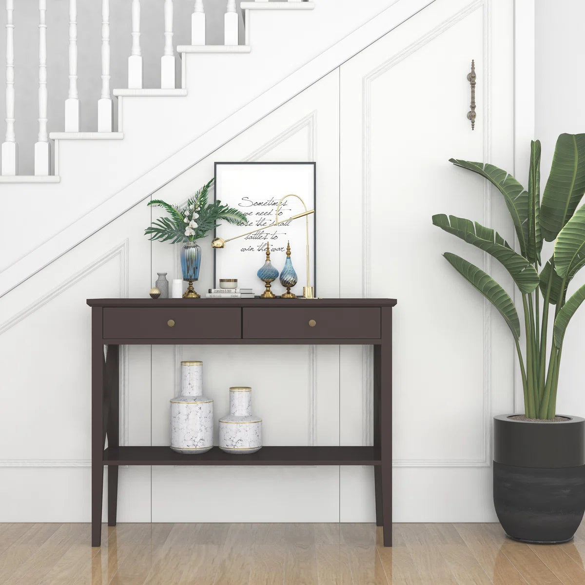 Narrow Espresso Console Table with Drawers and Shelf