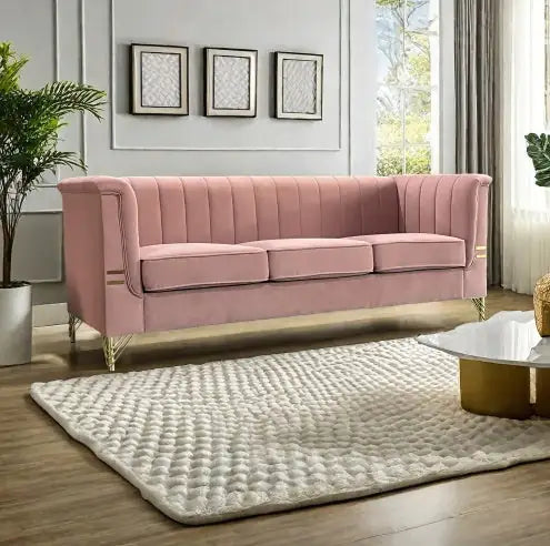 Velvet Sofa - Modern Upholstered Pink Sofa with Gold Legs