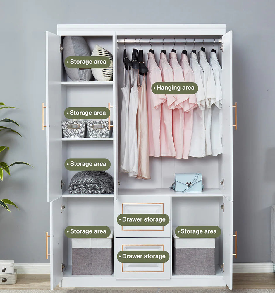 74" White 3-Door Bedroom Wardrobe with Drawers
