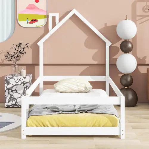 Twin Wooden Floor Bed with House Frame