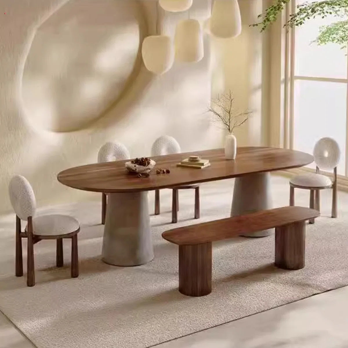 Multi-Purpose Solid Wood Oval Dining Table with Cement Iron Base