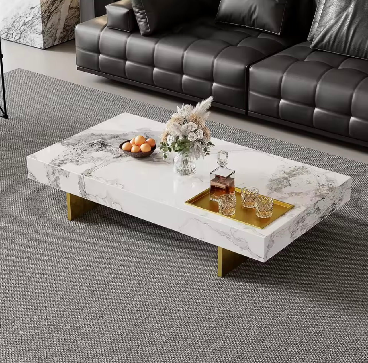 42” Square Marble Coffee Table with Gold Stainless Steel Base, White