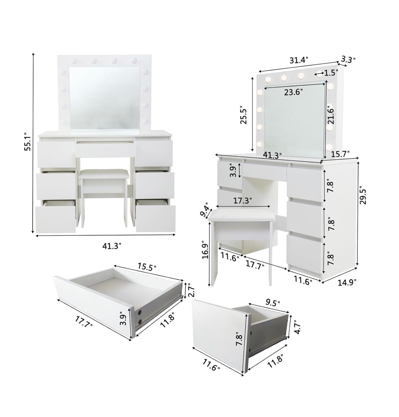 White Vanity Table - Vanity Mirror with Lights and Stool