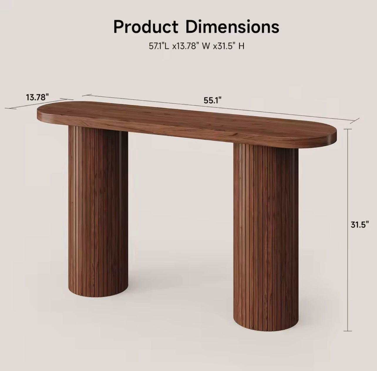 55” Modern Fluted Console Table for Entryway or Behind Sofa, Walnut