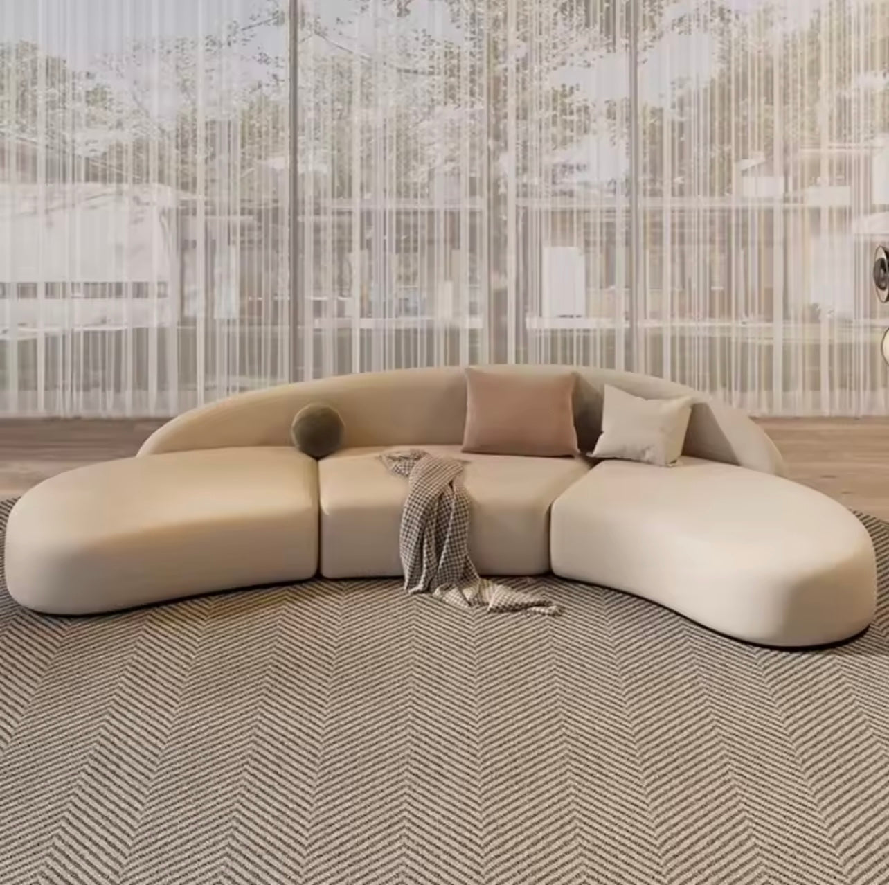Ergonomic Curved Velvet Modular Sofa in Beige