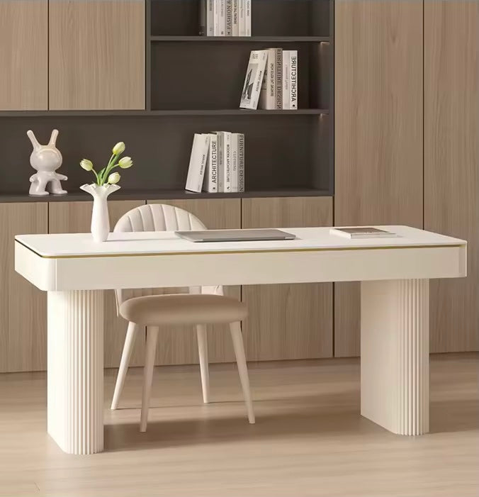 White Office Desk with Storage Drawers, Rock Slab Tabletop