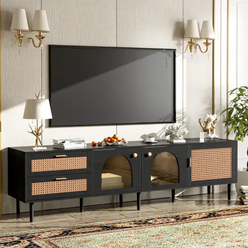 Black Rattan TV Stand with LED Lights & Storage