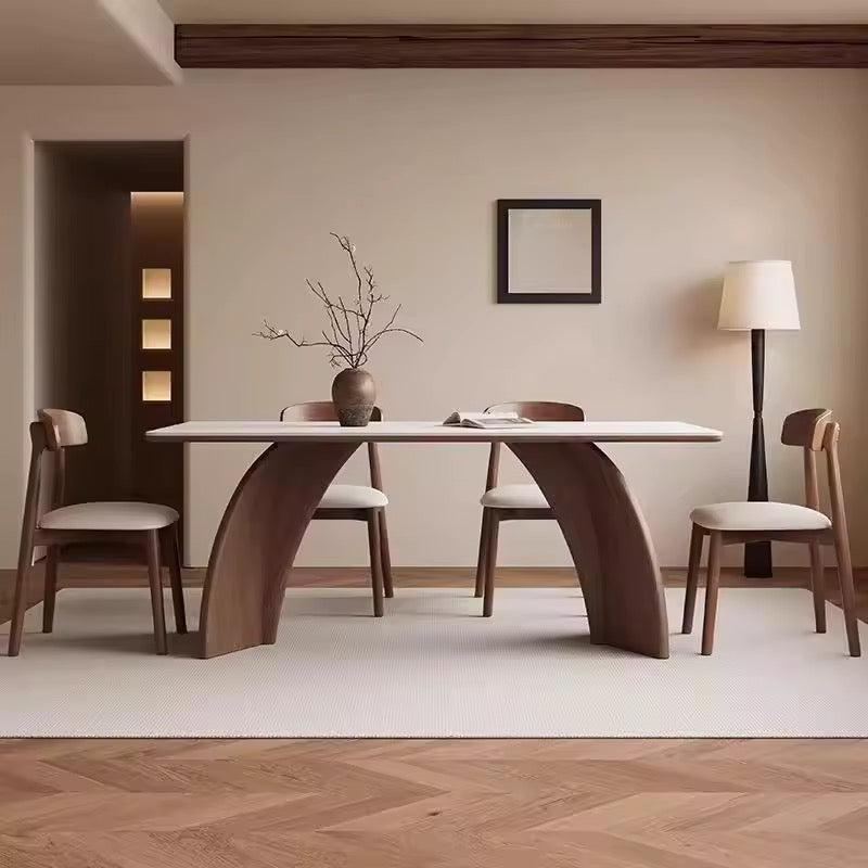 Rock Slab Dining Table with Solid Wood Base and 4 or 6 Chairs