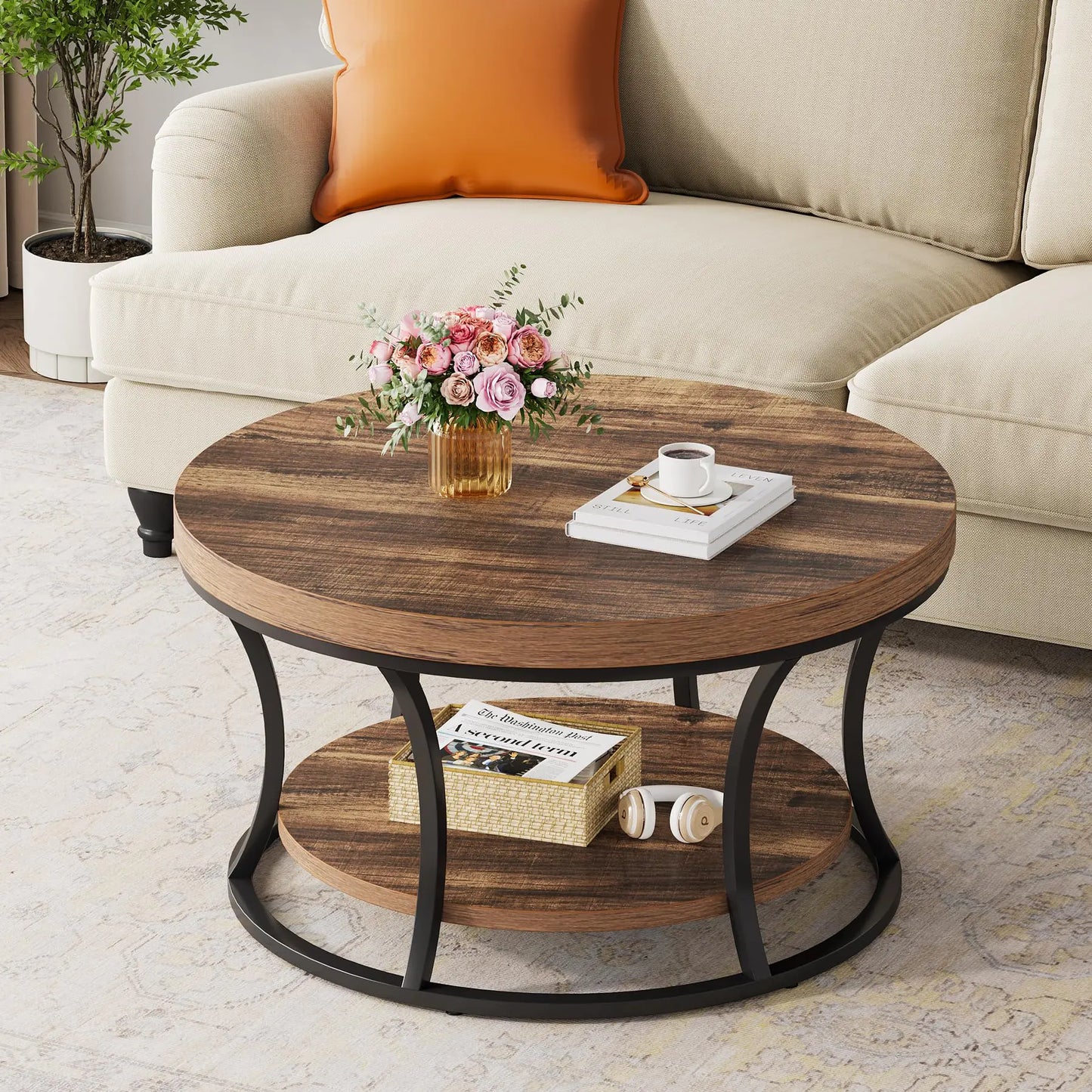 31" Brown/Black Rustic Two-Tier Round Coffee Table