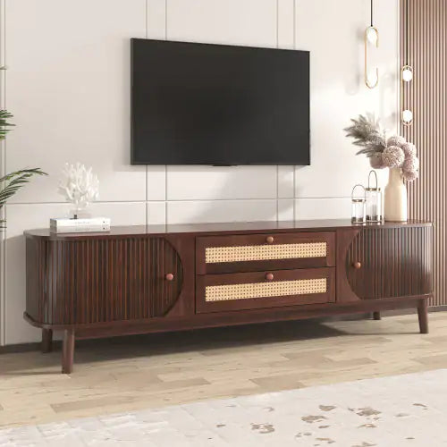 Modern Rattan TV Stand with Solid Wood Legs 75"