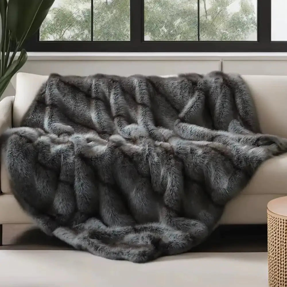 Luxury Plaid Faux Fur Blanket Soft Warm Throw