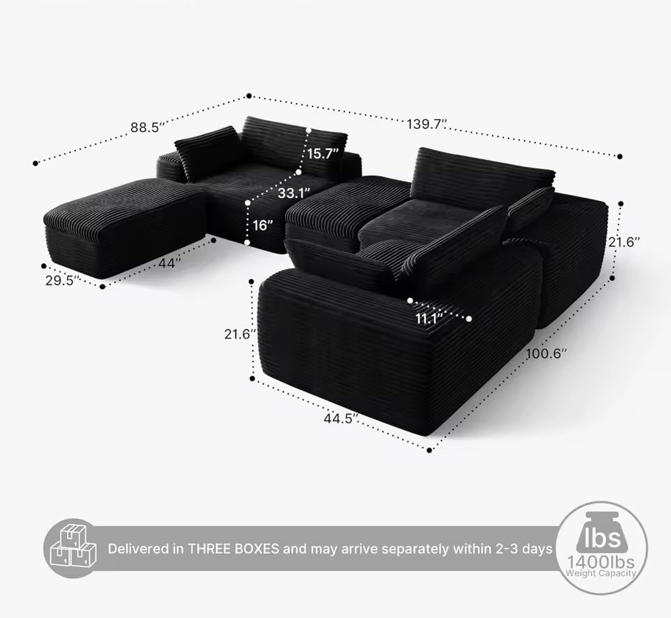 L-Shaped Cloud Sectional Couch, Oversized Modular Corduroy Sofa