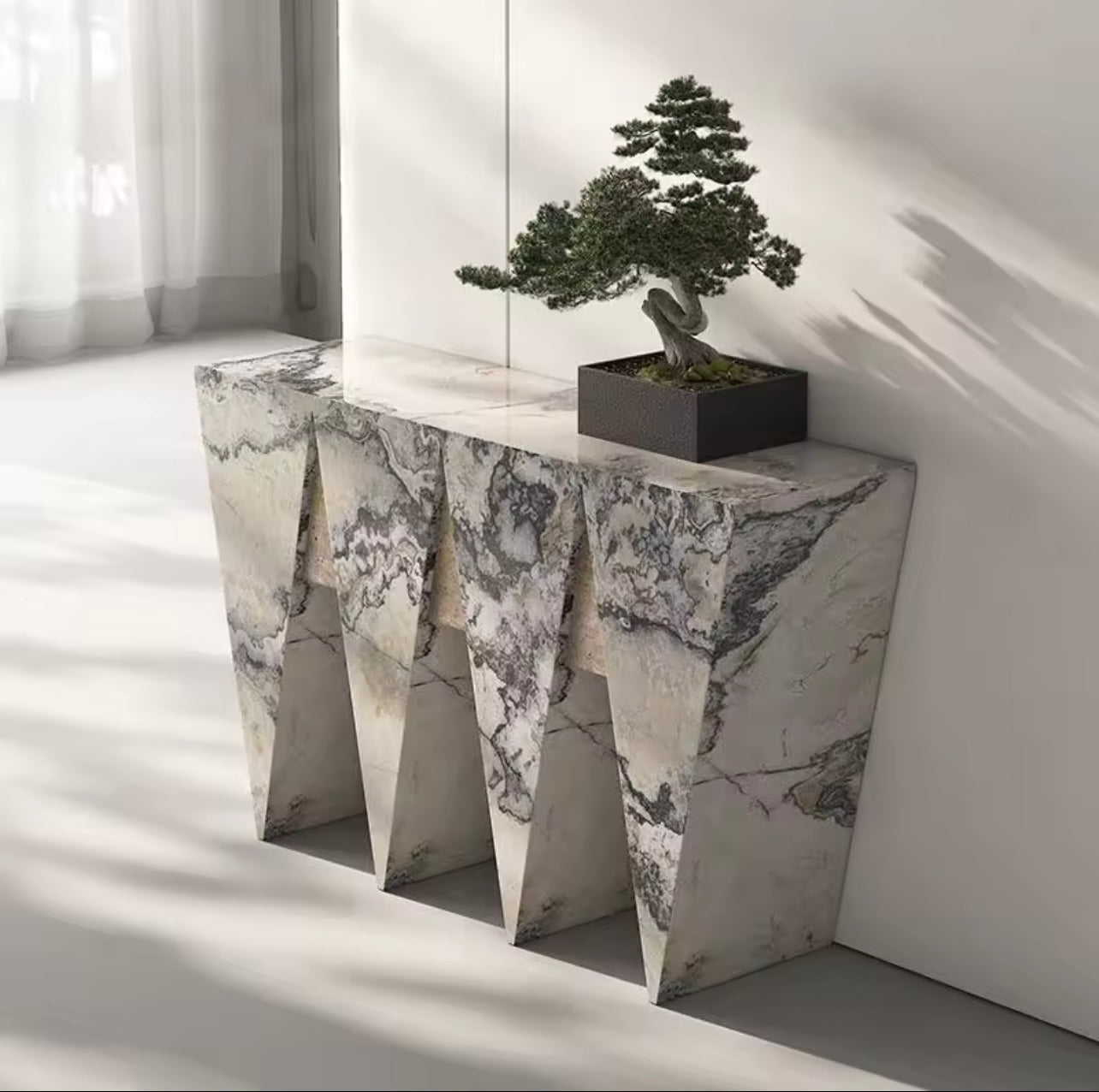 Italian Marble Stone Entryway Table with Triangular Leg Design