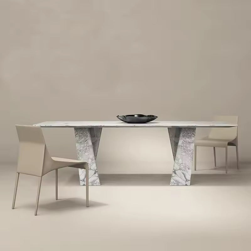 Italian Bulgari White Natural Marble Dining Table with Y-Shaped Base