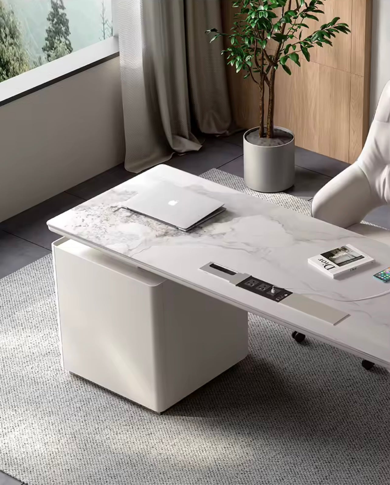 Contemporary Rock Slab Office Desk with USB and Storage, White