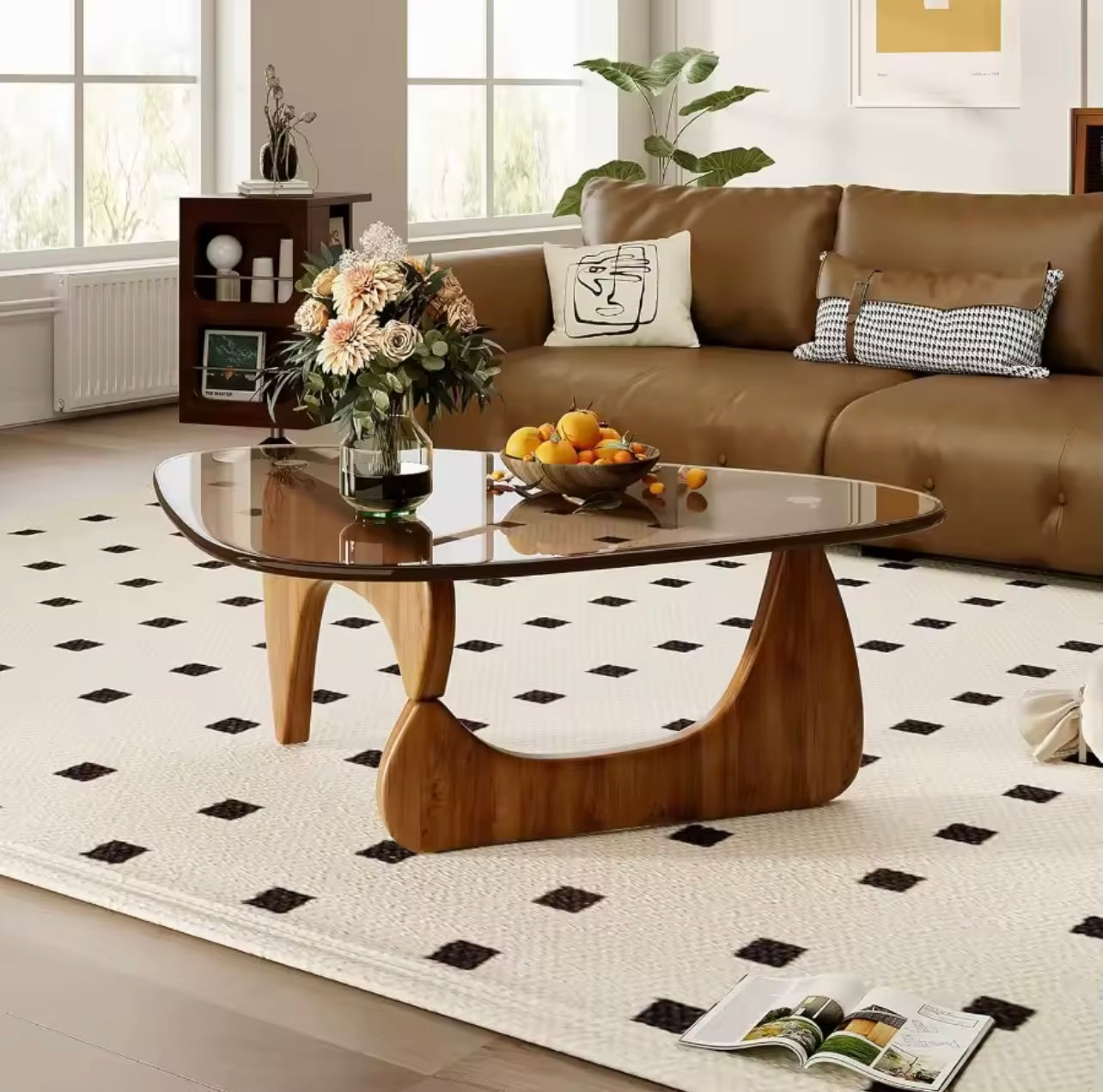 Mid Century Triangular Coffee Table, Walnut Wood Base with Glass Top