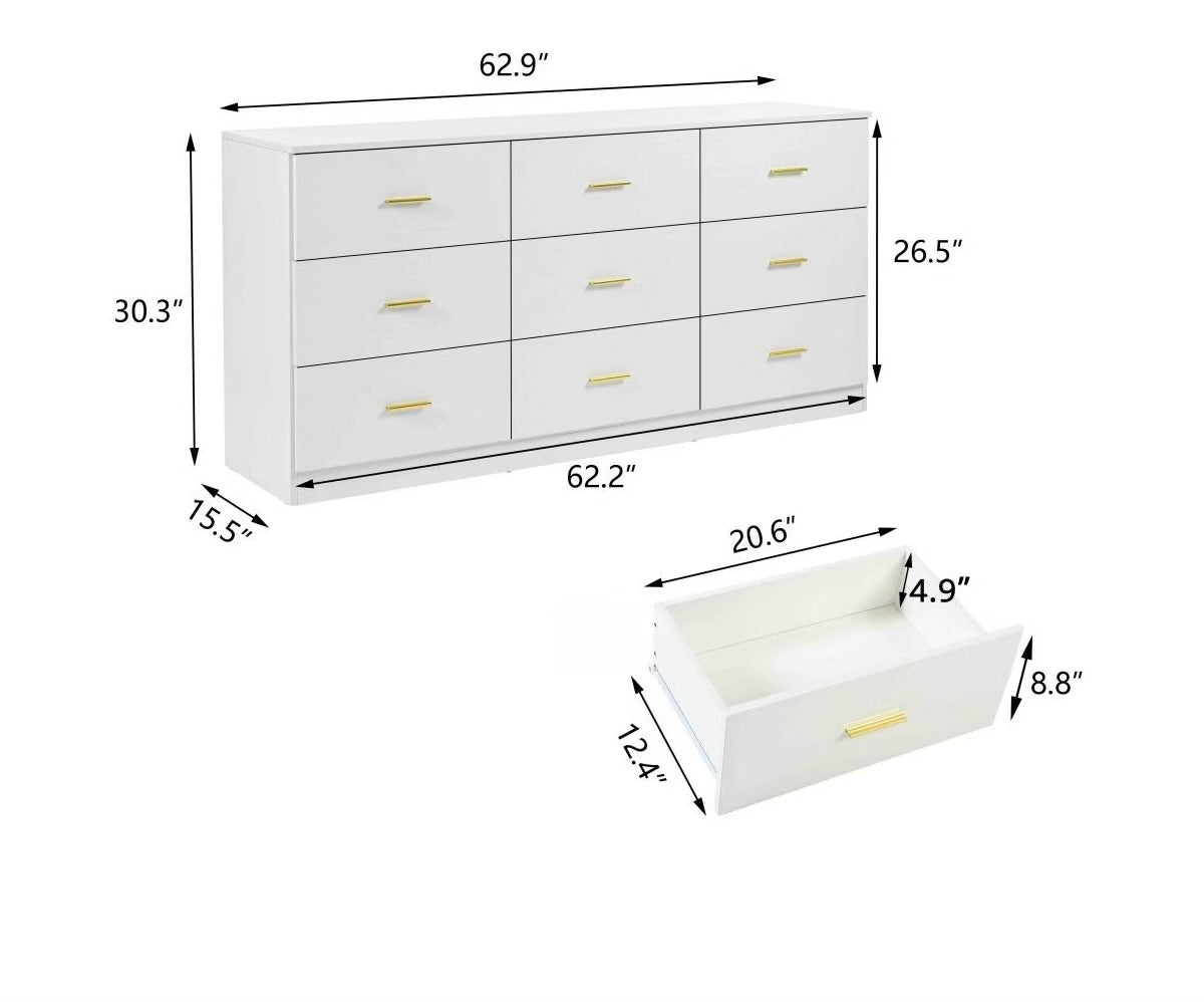 White 9-Drawer Bedroom Dresser with Gold Handles