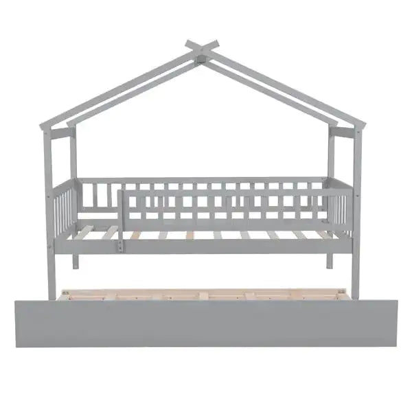 Twin Wooden House Bed with Pull Out Trundle, Kids Montessori Bed
