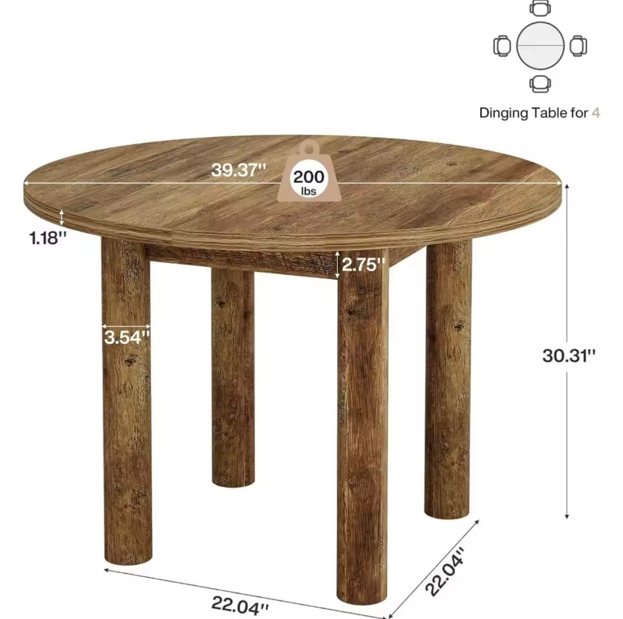 39” Round Farmhouse Dining Table, Rustic Brown Wooden Table for 4