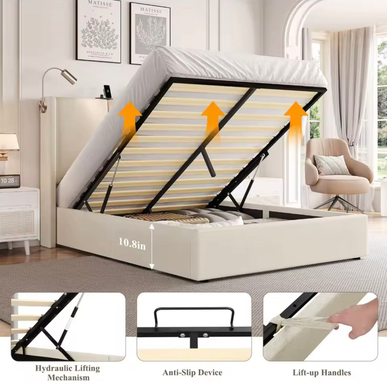 Full Size Storage Bed with Charging Station & Adjustable Headboard