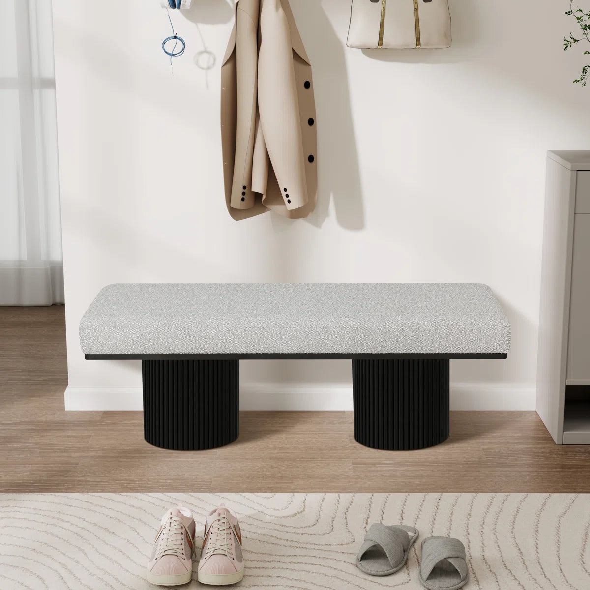 Light Grey Bouclé Upholstered Bedroom Bench