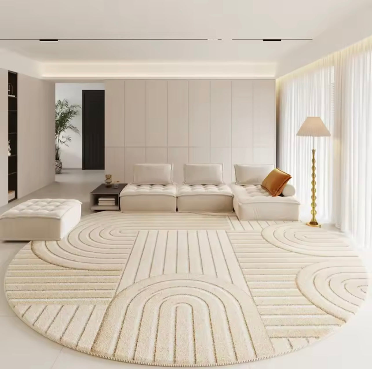 Cream Round Contemporary Plush Area Rug, Soft Fluffy Lounge Mat