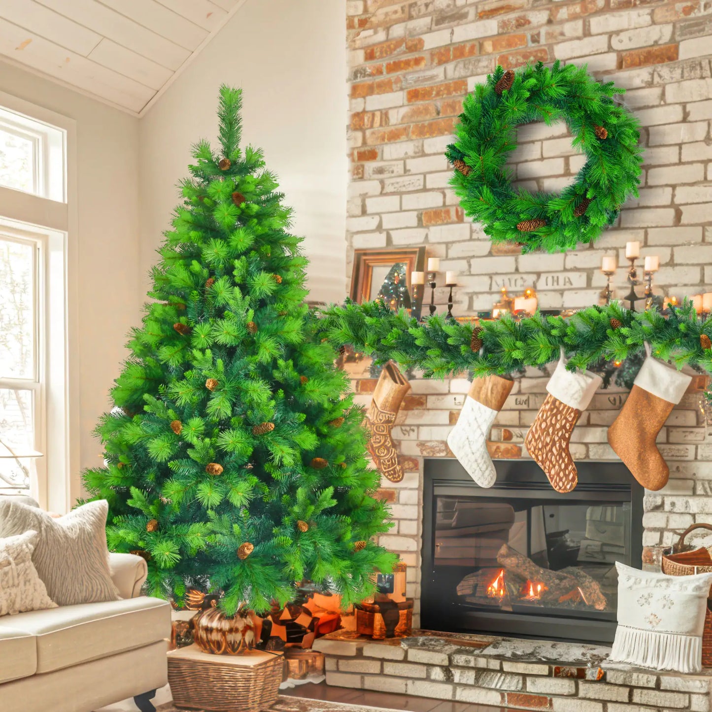 6ft Pre-Lit Pine Christmas Tree with Lights & Garland