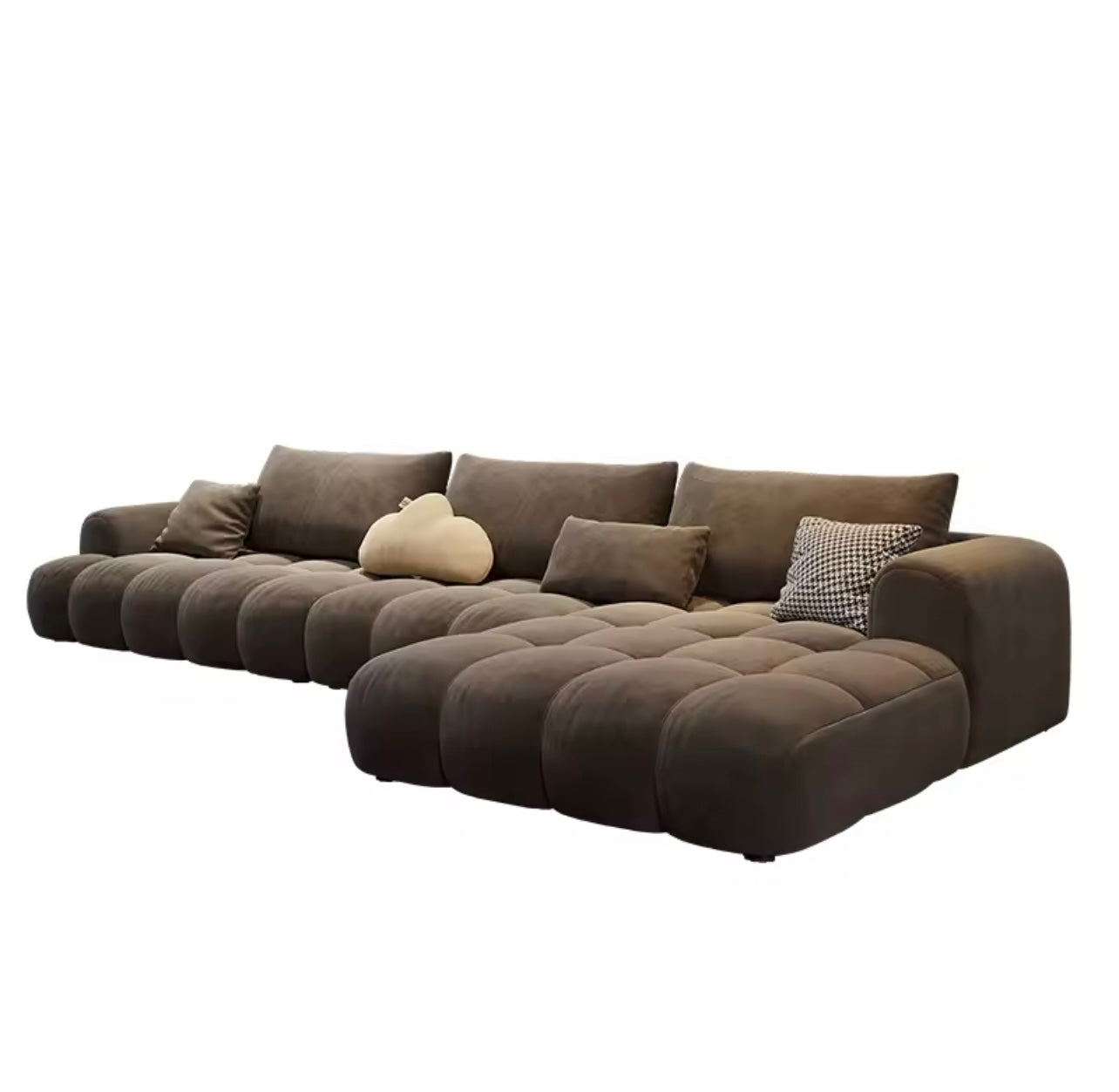 Brown Cloud Upholstered L-Shaped Sofa, Matte Suede Fabric