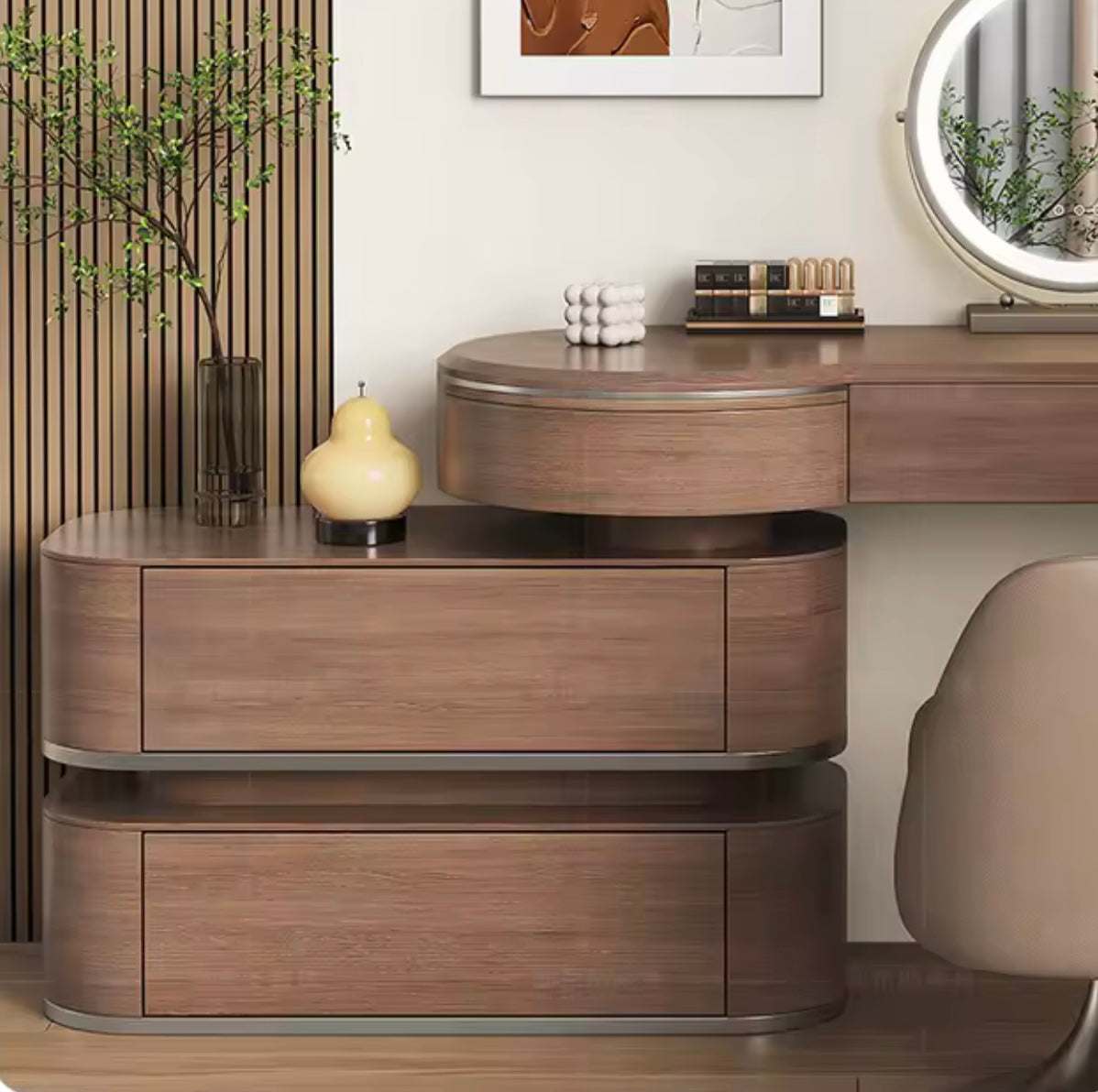 Walnut Makeup Vanity Table with LED Mirror and Adjustable Drawers