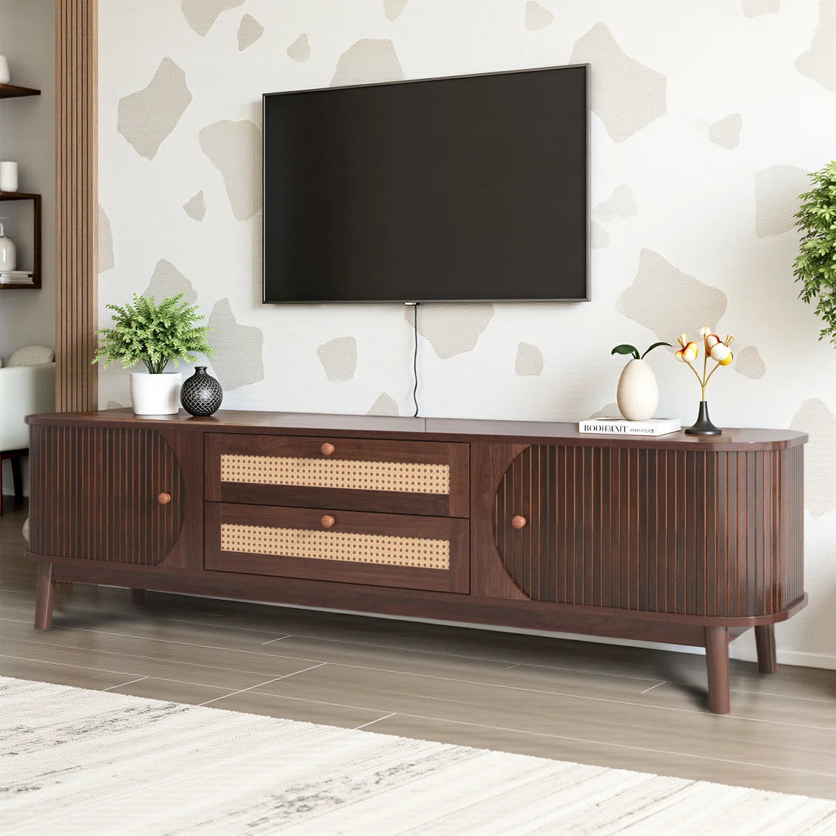 Modern Rattan TV Stand with Solid Wood Legs 75"