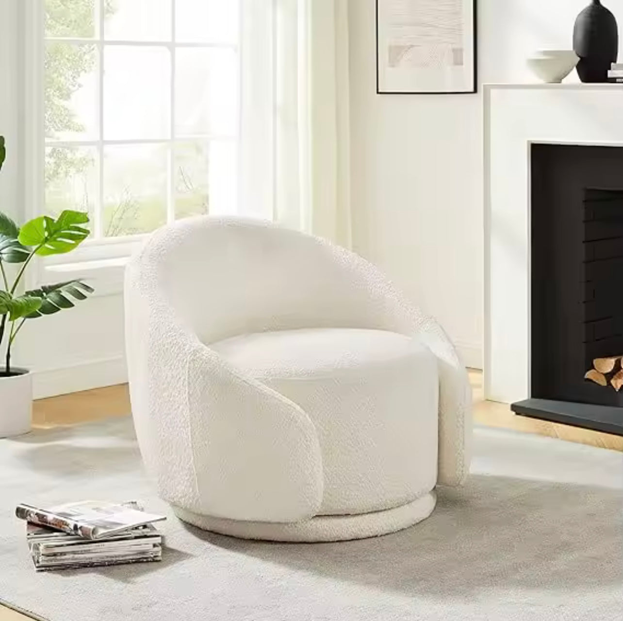 Modern White Boucle Fabric Accent Chair, Upholstered Swivel Armchair