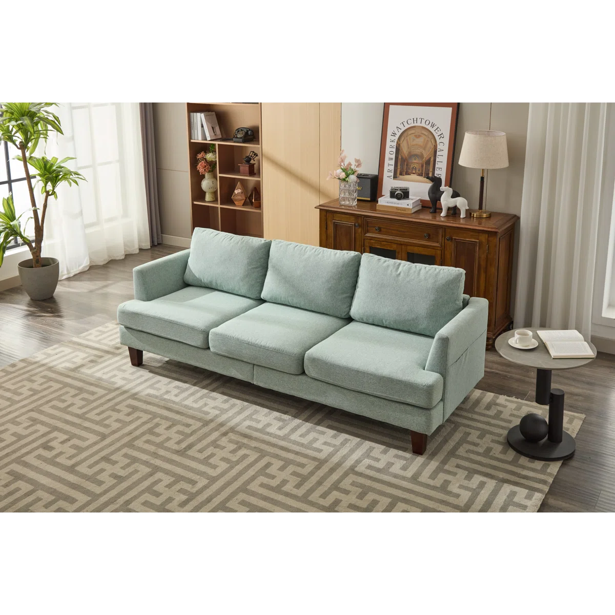 Light Green Fabric Sofa - 3 Seater Sofa with USB Charging Ports