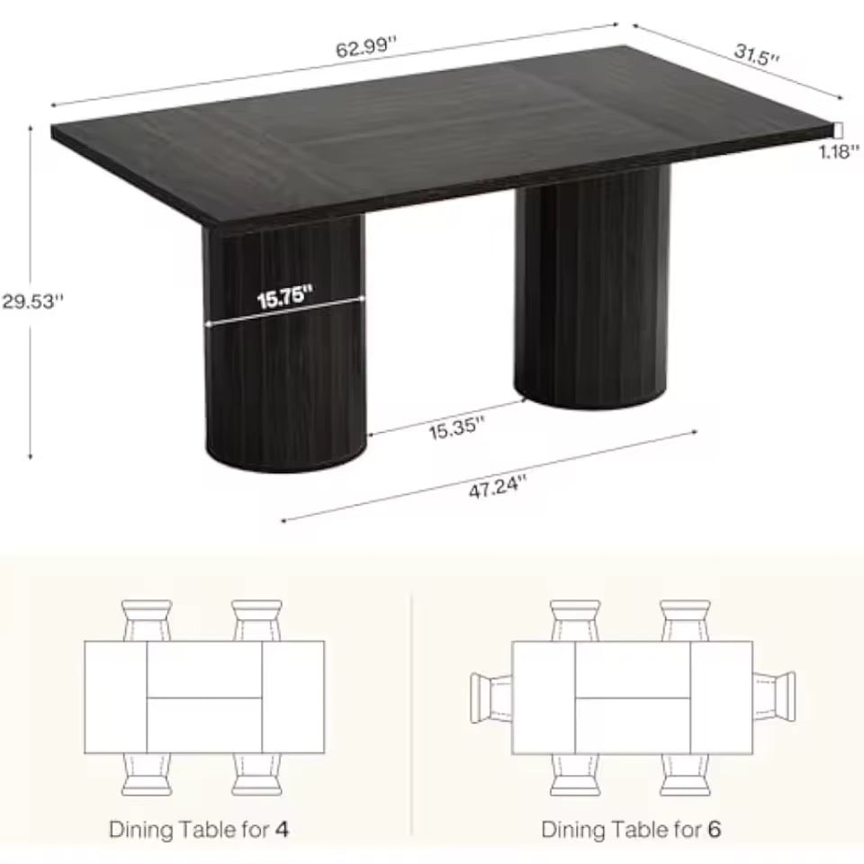 63” Modern Rectangular Dining Table with Cylindrical Base, Seats 6