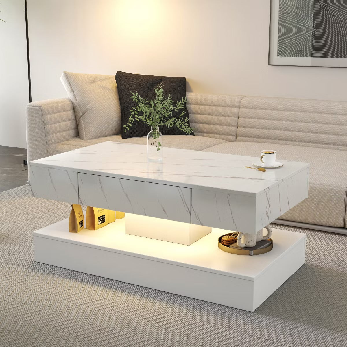 Modern LED Coffee Table with Storage Drawer