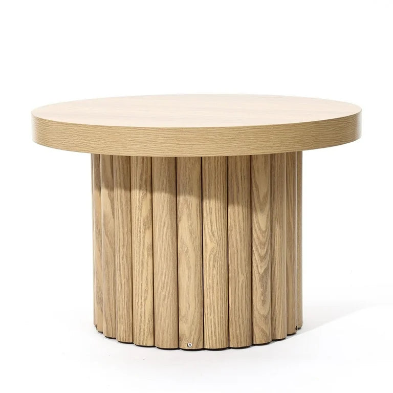 23.6" Fluted Round Wood Side Table – Oak Finish