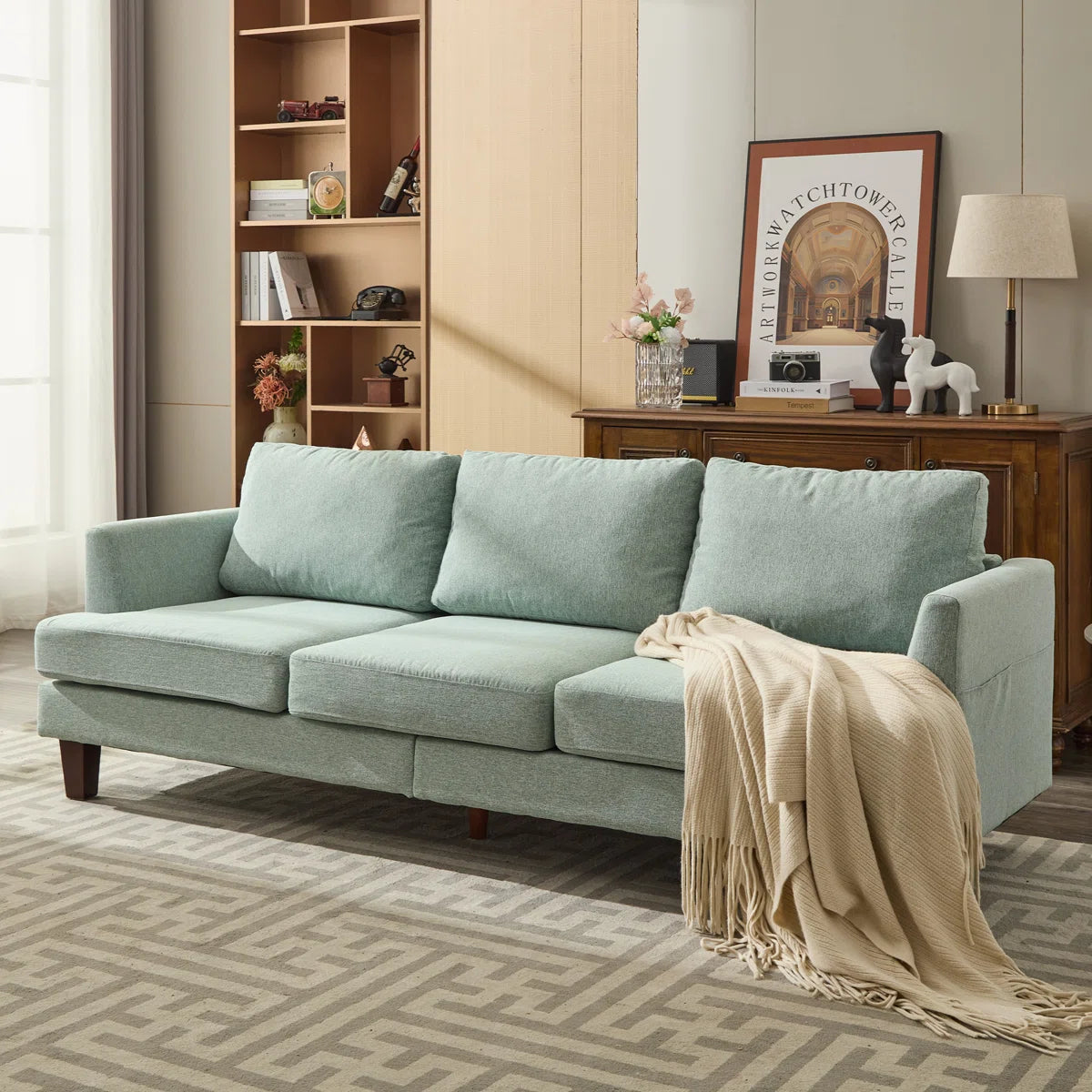 Light Green Fabric Sofa - 3 Seater Sofa with USB Charging Ports