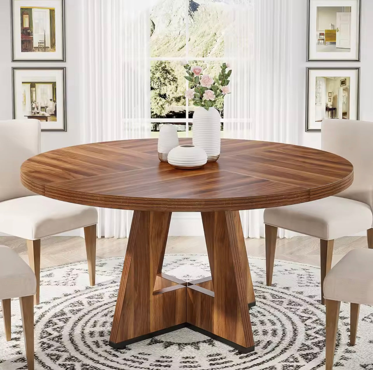 Farmhouse Round Dining Table, Rustic Wooden Kitchen Table for 4–6