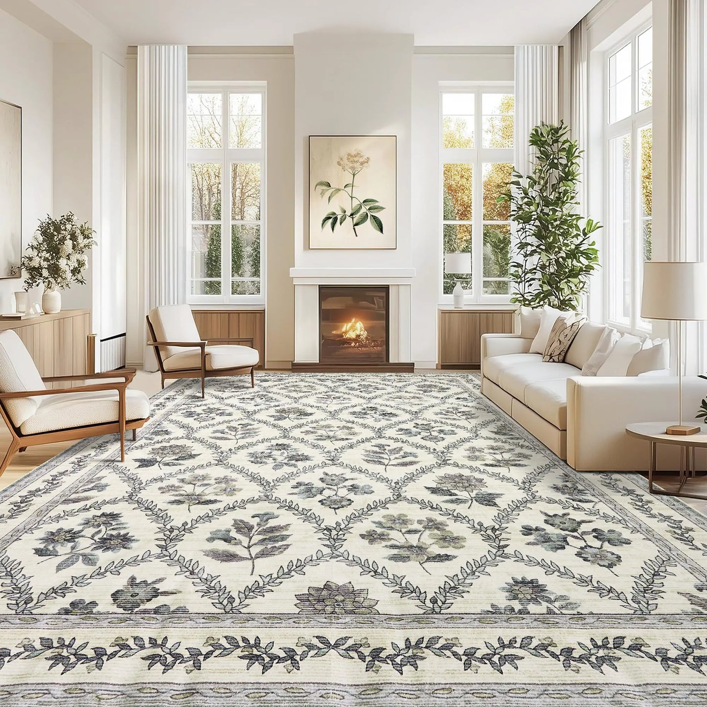 9x12 Large Rug - Non-Slip Green Boho Floral Rug for Living Room